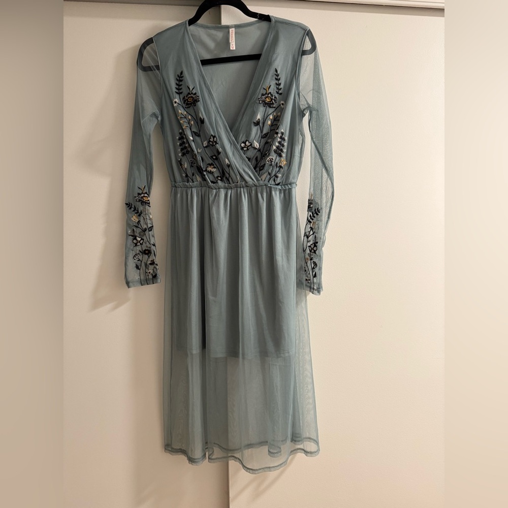 Xhilaration Teal Floral Embroidered Dress